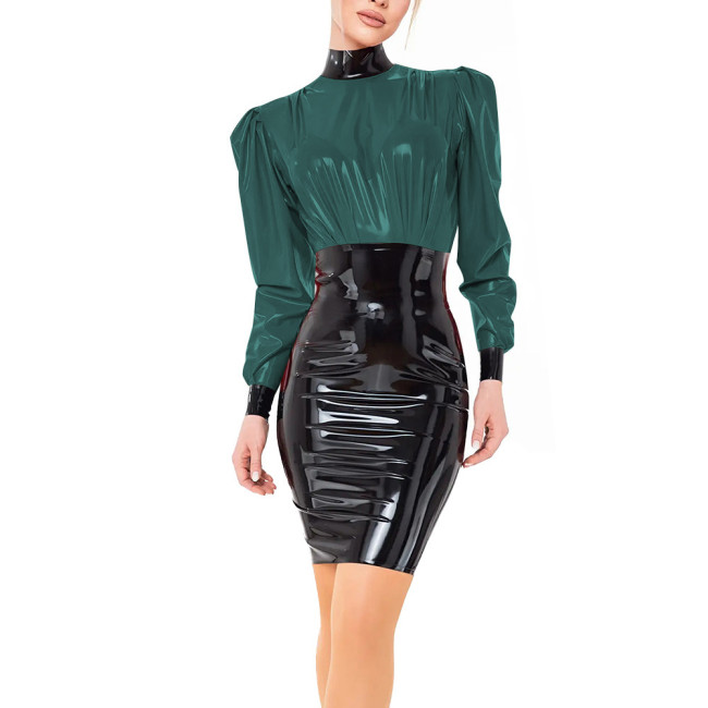 PVC Vinyl Leather Long Sleeve Elegant Mini Dress Ladies Fashion Patchwork Sheath Short Dress High Neck Vestidos Womens Clubwear