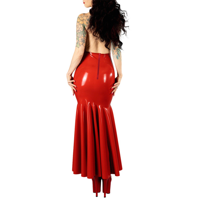 Women's Sexy PVC V-neck Mermaid Party Dress Vinyl Backless Halter Fetish Maxi Dress Glossy Wetlook Flared Hem Hip-hugging Dress