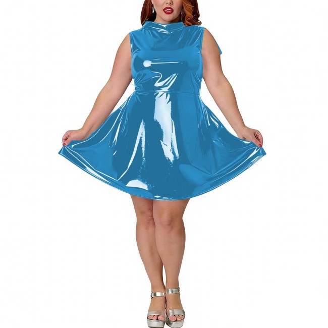 Plus Size Party PVC Shiny Fashion Mini Dress Wetlook Sleeveless Sexy A-Line Dress with Back Bow Womens Tank Vestidos Clubwear