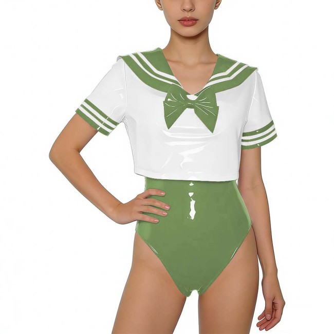 Women PVC Leather Two-piece Set Wetlook Sailor Collar Bow Crop Top with Bodysuit Sissy Party Cosplay Costume Glossy Anime Fans