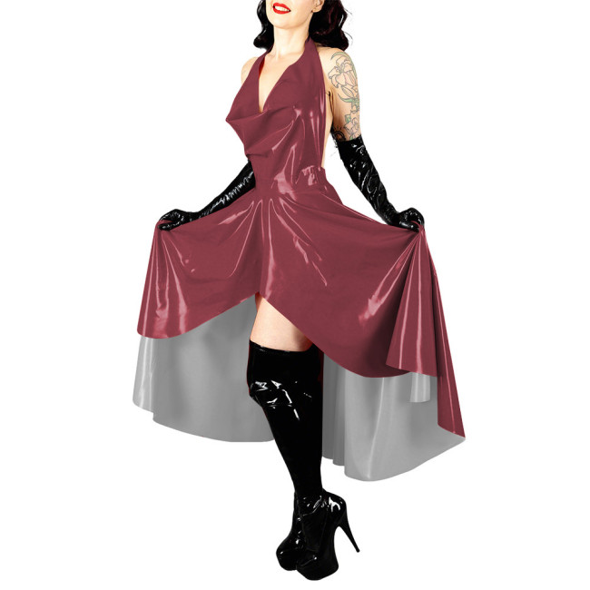Women's Shiny PVC Leather Evening Party Sexy Dress High Low Flared Halter Collar Backless Long Dress Wetlook Mistress Vestidos