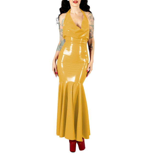Women's Sexy PVC V-neck Mermaid Party Dress Vinyl Backless Halter Fetish Maxi Dress Glossy Wetlook Flared Hem Hip-hugging Dress