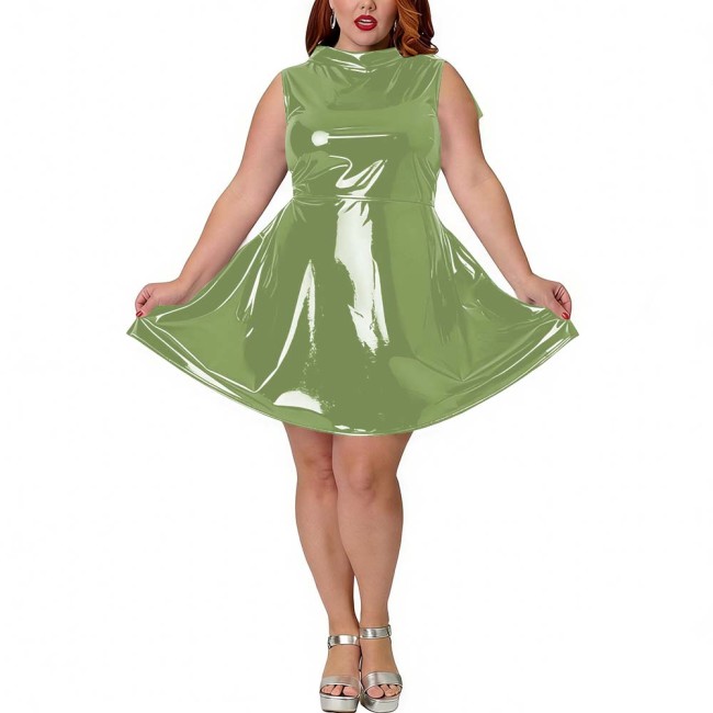 Plus Size Party PVC Shiny Fashion Mini Dress Wetlook Sleeveless Sexy A-Line Dress with Back Bow Womens Tank Vestidos Clubwear