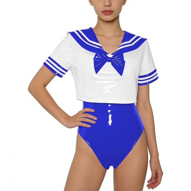 Women PVC Leather Two-piece Set Wetlook Sailor Collar Bow Crop Top with Bodysuit Sissy Party Cosplay Costume Glossy Anime Fans