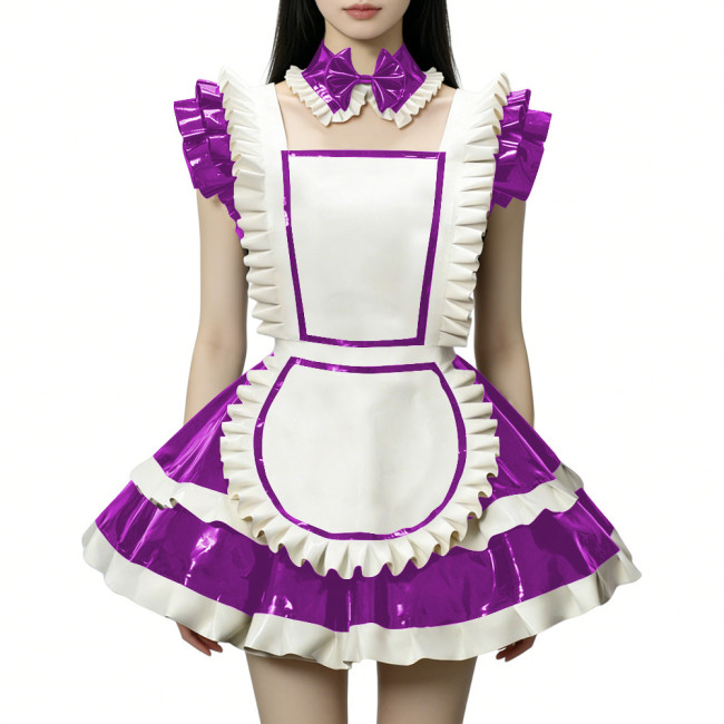 Fetish Cross-dresser Lolita Maid Uniforms Wetlook PVC Leather Party Sleeveless Pleated Maid Dress with Apron Halloween Cosplay