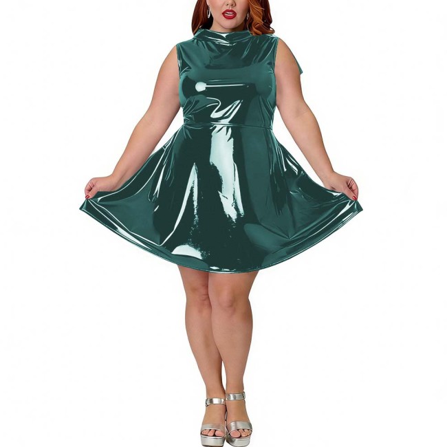 Plus Size Party PVC Shiny Fashion Mini Dress Wetlook Sleeveless Sexy A-Line Dress with Back Bow Womens Tank Vestidos Clubwear