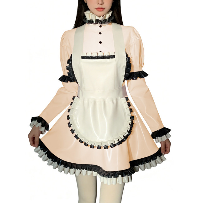 Halloween Role Play Sweet Maid Uniform Shiny PVC High Ruffled Collar Lolita Dress with Apron Crossdresser Cosplay Maid Outfits