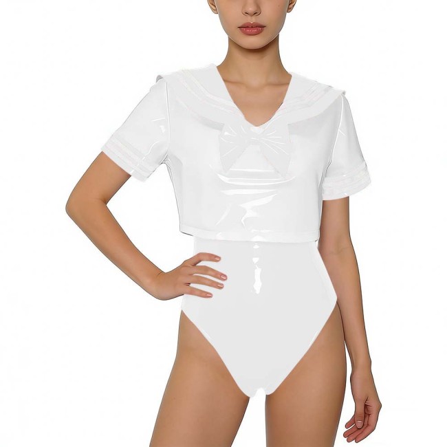 Women PVC Leather Two-piece Set Wetlook Sailor Collar Bow Crop Top with Bodysuit Sissy Party Cosplay Costume Glossy Anime Fans