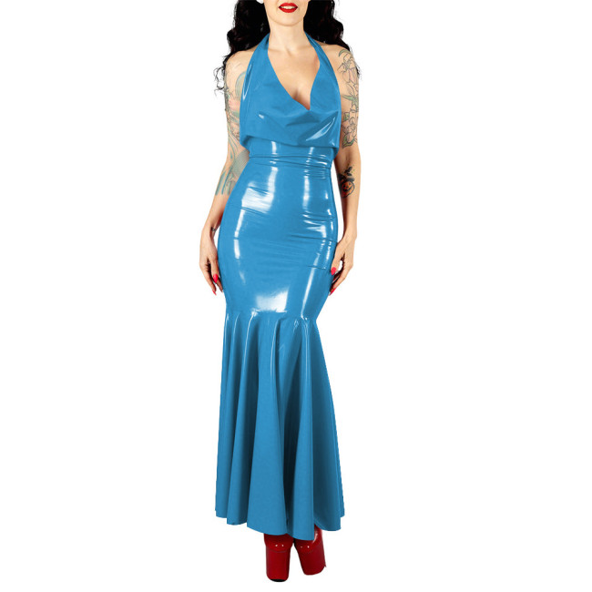 Women's Sexy PVC V-neck Mermaid Party Dress Vinyl Backless Halter Fetish Maxi Dress Glossy Wetlook Flared Hem Hip-hugging Dress