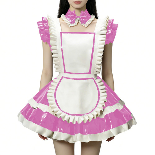 Fetish Cross-dresser Lolita Maid Uniforms Wetlook PVC Leather Party Sleeveless Pleated Maid Dress with Apron Halloween Cosplay