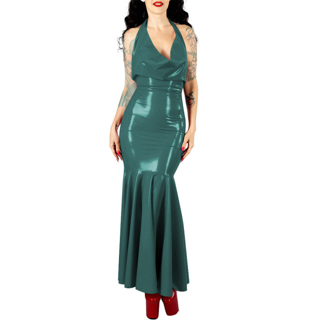 Women's Sexy PVC V-neck Mermaid Party Dress Vinyl Backless Halter Fetish Maxi Dress Glossy Wetlook Flared Hem Hip-hugging Dress