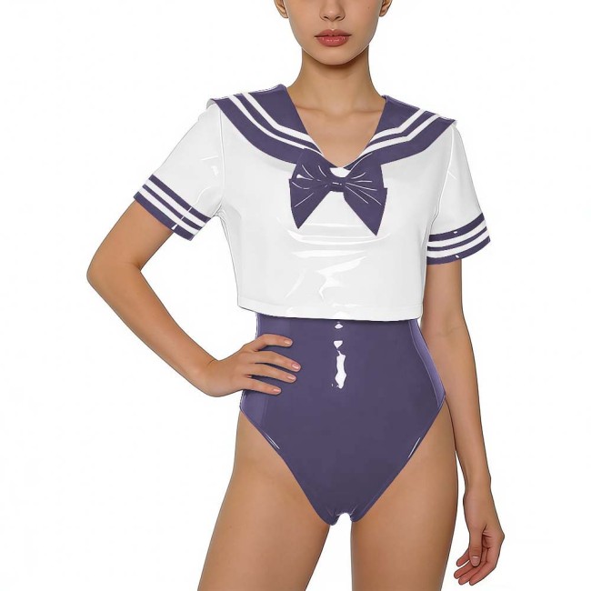 Women PVC Leather Two-piece Set Wetlook Sailor Collar Bow Crop Top with Bodysuit Sissy Party Cosplay Costume Glossy Anime Fans