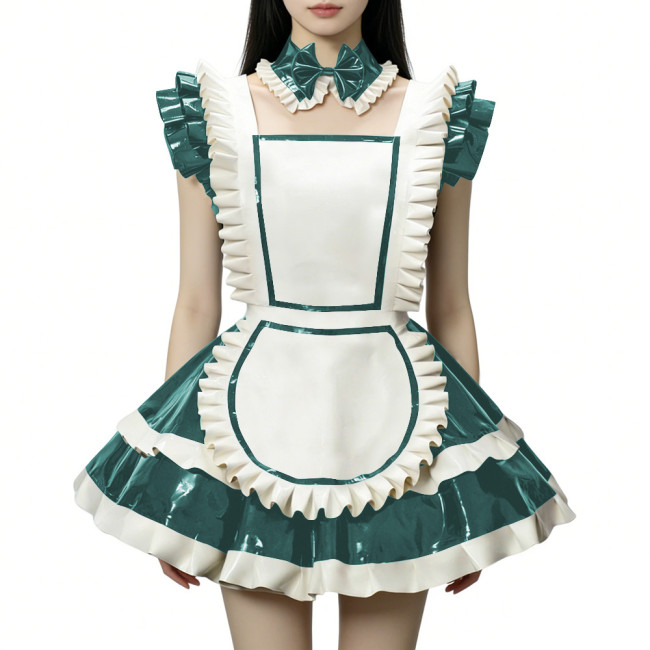 Fetish Cross-dresser Lolita Maid Uniforms Wetlook PVC Leather Party Sleeveless Pleated Maid Dress with Apron Halloween Cosplay