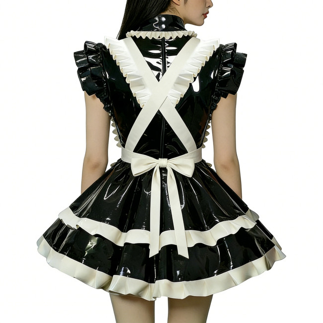 Fetish Cross-dresser Lolita Maid Uniforms Wetlook PVC Leather Party Sleeveless Pleated Maid Dress with Apron Halloween Cosplay