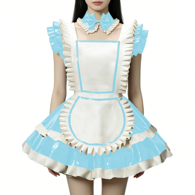 Fetish Cross-dresser Lolita Maid Uniforms Wetlook PVC Leather Party Sleeveless Pleated Maid Dress with Apron Halloween Cosplay