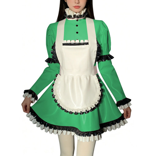 Halloween Role Play Sweet Maid Uniform Shiny PVC High Ruffled Collar Lolita Dress with Apron Crossdresser Cosplay Maid Outfits