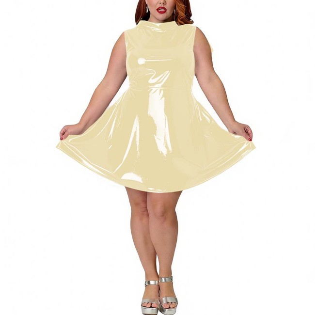 Plus Size Party PVC Shiny Fashion Mini Dress Wetlook Sleeveless Sexy A-Line Dress with Back Bow Womens Tank Vestidos Clubwear