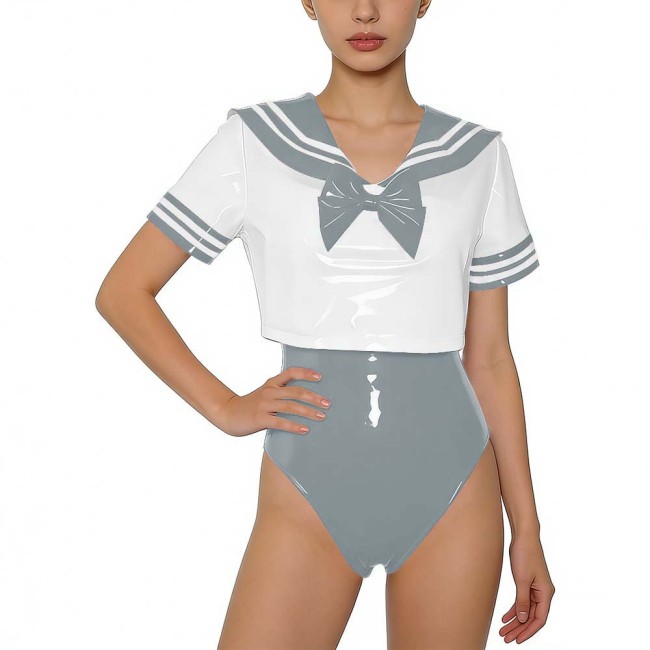 Women PVC Leather Two-piece Set Wetlook Sailor Collar Bow Crop Top with Bodysuit Sissy Party Cosplay Costume Glossy Anime Fans