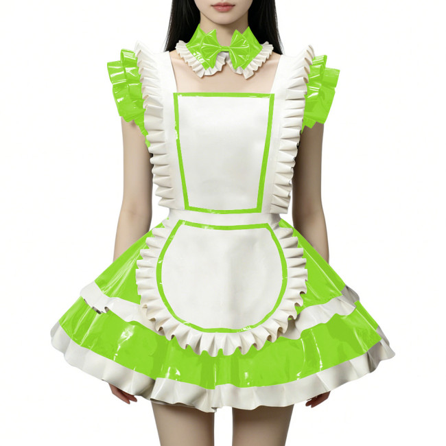 Fetish Cross-dresser Lolita Maid Uniforms Wetlook PVC Leather Party Sleeveless Pleated Maid Dress with Apron Halloween Cosplay