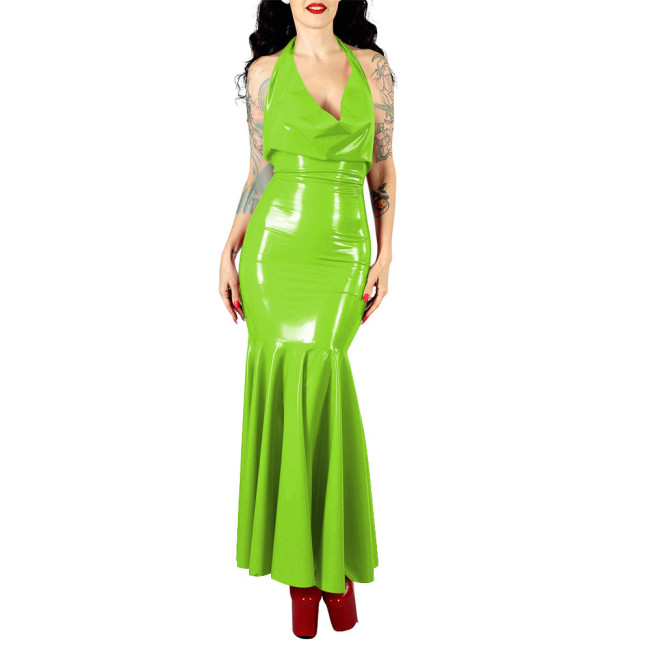 Women's Sexy PVC V-neck Mermaid Party Dress Vinyl Backless Halter Fetish Maxi Dress Glossy Wetlook Flared Hem Hip-hugging Dress