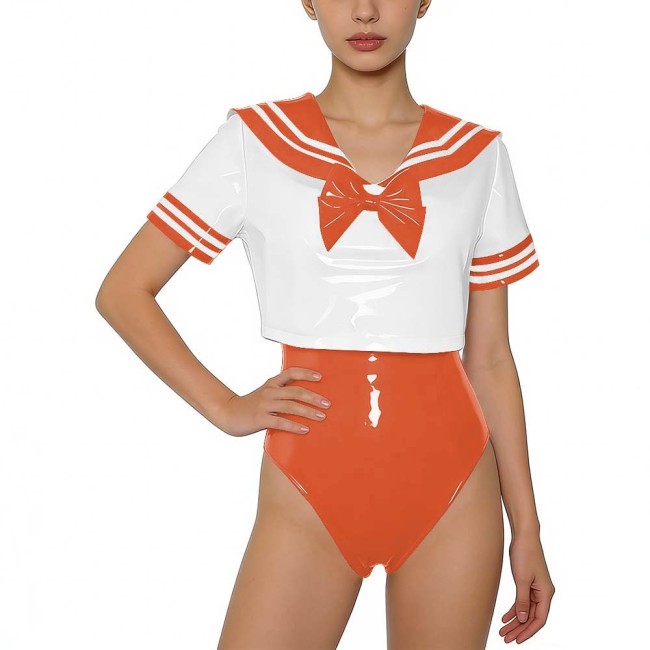 Women PVC Leather Two-piece Set Wetlook Sailor Collar Bow Crop Top with Bodysuit Sissy Party Cosplay Costume Glossy Anime Fans