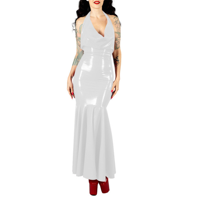 Women's Sexy PVC V-neck Mermaid Party Dress Vinyl Backless Halter Fetish Maxi Dress Glossy Wetlook Flared Hem Hip-hugging Dress