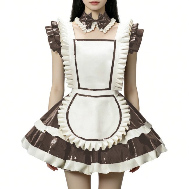 Fetish Cross-dresser Lolita Maid Uniforms Wetlook PVC Leather Party Sleeveless Pleated Maid Dress with Apron Halloween Cosplay