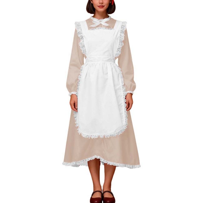 Crossdresser Halloween Vintage Satin Maid Uniform Long Sleeve Party Fancy Dress with Lace Apron Sissy French Maid Cosplay Outfit