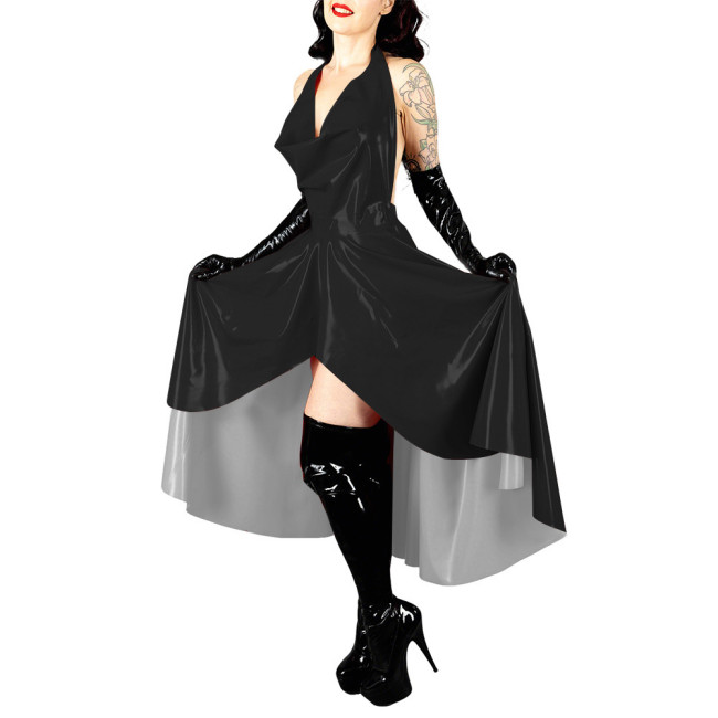 Women's Shiny PVC Leather Evening Party Sexy Dress High Low Flared Halter Collar Backless Long Dress Wetlook Mistress Vestidos