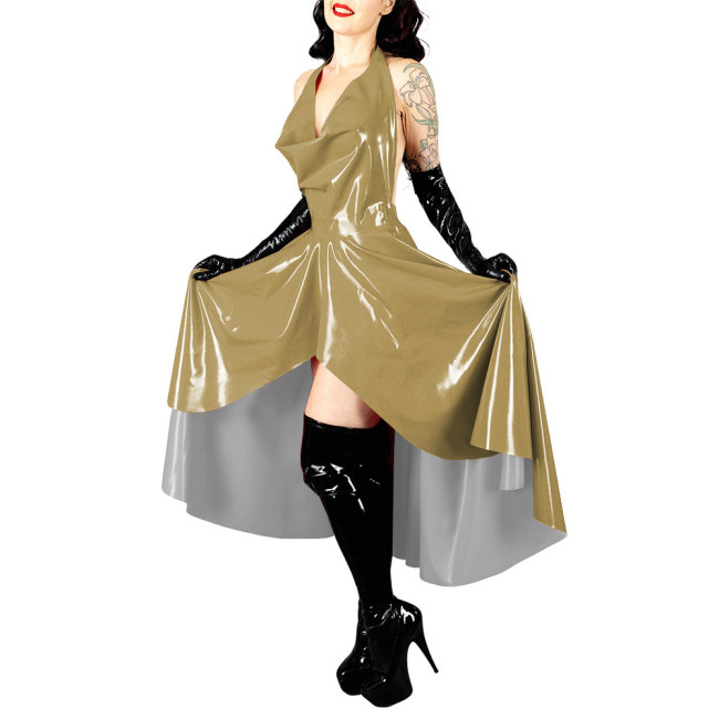Women's Shiny PVC Leather Evening Party Sexy Dress High Low Flared Halter Collar Backless Long Dress Wetlook Mistress Vestidos