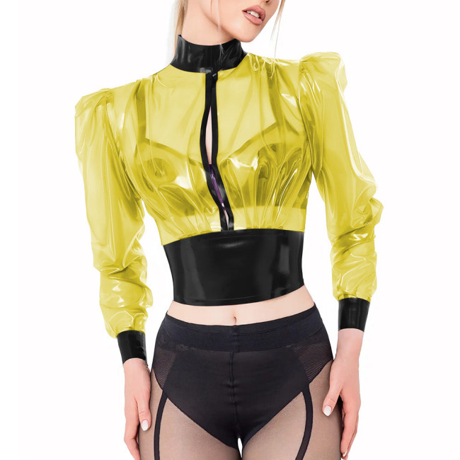 Transparent PVC Crop Tops Wetlook Fetish Plastic Long Sleeves Fetish Tops High Neck Nightclub See-Through Blouses Party Outfits