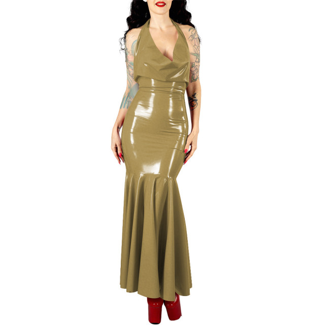 Women's Sexy PVC V-neck Mermaid Party Dress Vinyl Backless Halter Fetish Maxi Dress Glossy Wetlook Flared Hem Hip-hugging Dress