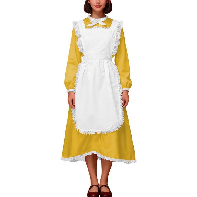 Crossdresser Halloween Vintage Satin Maid Uniform Long Sleeve Party Fancy Dress with Lace Apron Sissy French Maid Cosplay Outfit