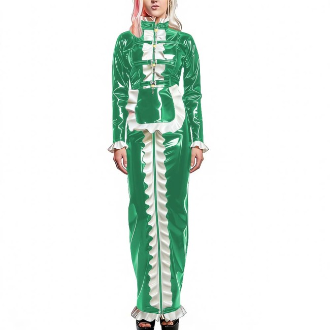 Sissy Bodycon Lockable Maid Outfit PVC Glossy Leather Gothic Apron Long Pencil Dress with Ruffle Trim Halloween Party Cosplay