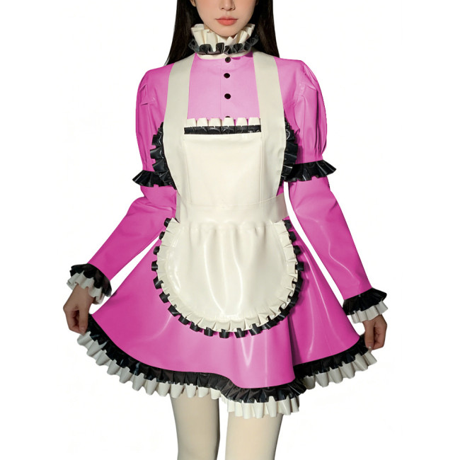 Halloween Role Play Sweet Maid Uniform Shiny PVC High Ruffled Collar Lolita Dress with Apron Crossdresser Cosplay Maid Outfits