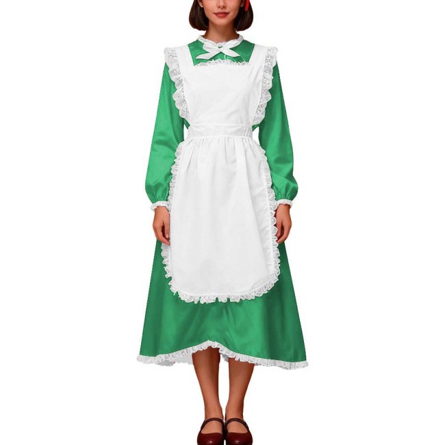 Crossdresser Halloween Vintage Satin Maid Uniform Long Sleeve Party Fancy Dress with Lace Apron Sissy French Maid Cosplay Outfit