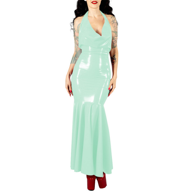 Women's Sexy PVC V-neck Mermaid Party Dress Vinyl Backless Halter Fetish Maxi Dress Glossy Wetlook Flared Hem Hip-hugging Dress
