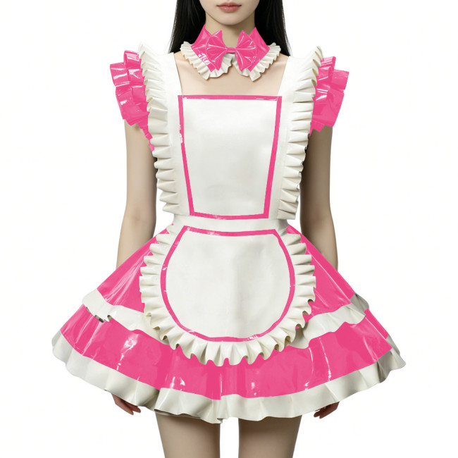 Fetish Cross-dresser Lolita Maid Uniforms Wetlook PVC Leather Party Sleeveless Pleated Maid Dress with Apron Halloween Cosplay