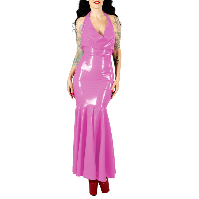 Women's Sexy PVC V-neck Mermaid Party Dress Vinyl Backless Halter Fetish Maxi Dress Glossy Wetlook Flared Hem Hip-hugging Dress