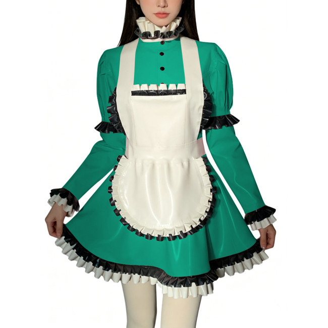 Halloween Role Play Sweet Maid Uniform Shiny PVC High Ruffled Collar Lolita Dress with Apron Crossdresser Cosplay Maid Outfits