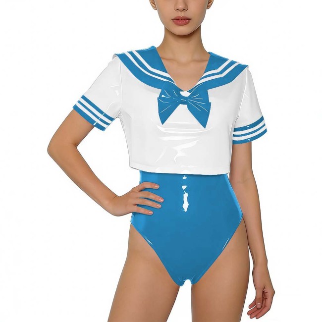 Women PVC Leather Two-piece Set Wetlook Sailor Collar Bow Crop Top with Bodysuit Sissy Party Cosplay Costume Glossy Anime Fans