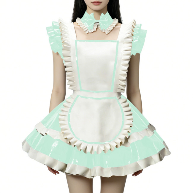 Fetish Cross-dresser Lolita Maid Uniforms Wetlook PVC Leather Party Sleeveless Pleated Maid Dress with Apron Halloween Cosplay