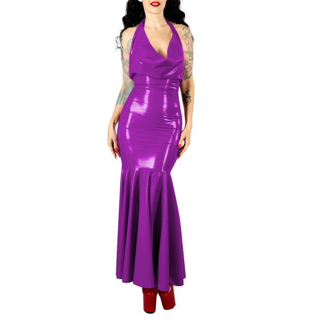 Women's Sexy PVC V-neck Mermaid Party Dress Vinyl Backless Halter Fetish Maxi Dress Glossy Wetlook Flared Hem Hip-hugging Dress
