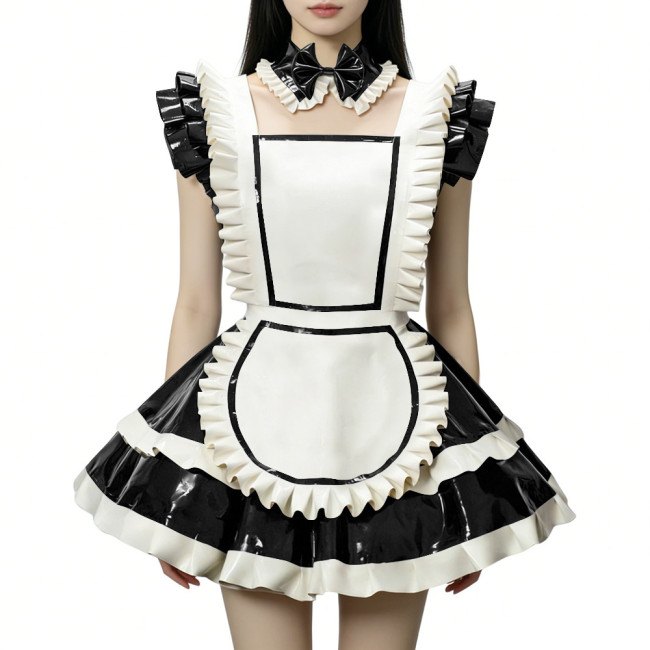 Fetish Cross-dresser Lolita Maid Uniforms Wetlook PVC Leather Party Sleeveless Pleated Maid Dress with Apron Halloween Cosplay