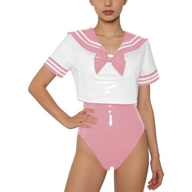 Women PVC Leather Two-piece Set Wetlook Sailor Collar Bow Crop Top with Bodysuit Sissy Party Cosplay Costume Glossy Anime Fans