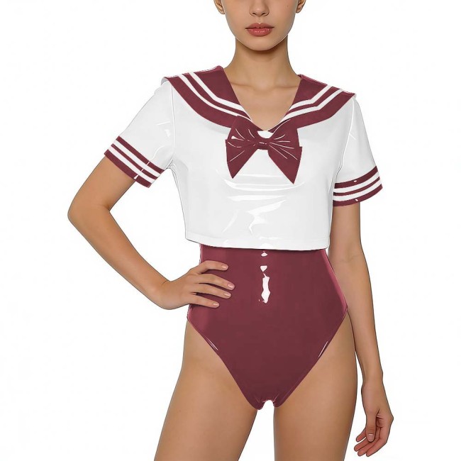 Women PVC Leather Two-piece Set Wetlook Sailor Collar Bow Crop Top with Bodysuit Sissy Party Cosplay Costume Glossy Anime Fans