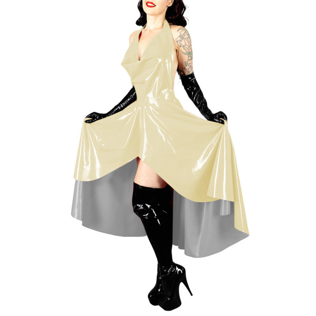 Women's Shiny PVC Leather Evening Party Sexy Dress High Low Flared Halter Collar Backless Long Dress Wetlook Mistress Vestidos