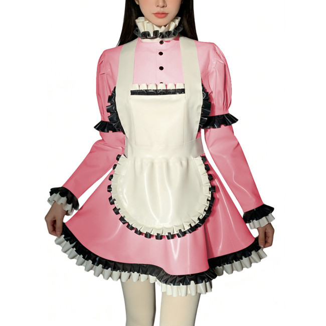 Halloween Role Play Sweet Maid Uniform Shiny PVC High Ruffled Collar Lolita Dress with Apron Crossdresser Cosplay Maid Outfits