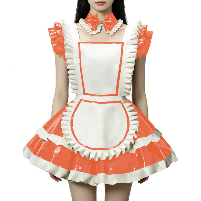 Fetish Cross-dresser Lolita Maid Uniforms Wetlook PVC Leather Party Sleeveless Pleated Maid Dress with Apron Halloween Cosplay