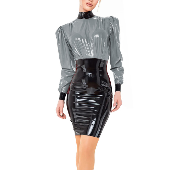 PVC Vinyl Leather Long Sleeve Elegant Mini Dress Ladies Fashion Patchwork Sheath Short Dress High Neck Vestidos Womens Clubwear